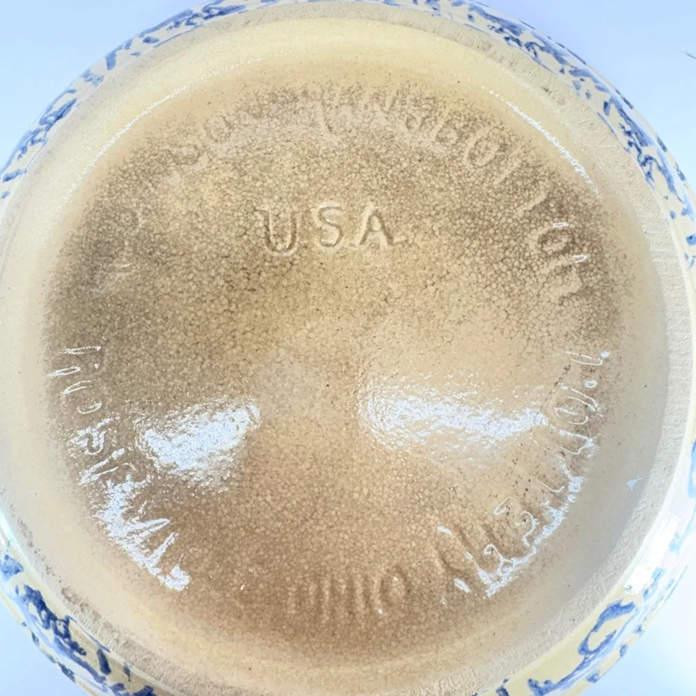 Roseville Pottery Spongeware Pie Plate Blue Tan Stoneware USA Farmhouse 9.5